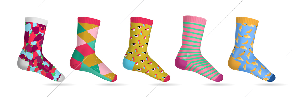 Realistic multicolored woman socks set with 5 various of patterns on white background isolated vector illustration