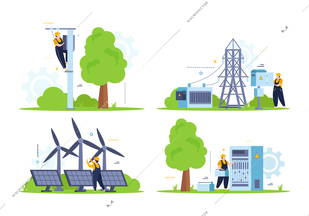 Electricity and lighting flat set of isolated compositions with outdoor scenery power panels lines and people vector illustration