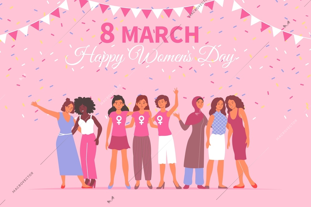 Flat design womens day 8 march card with happy female characters on pink background vector illustration