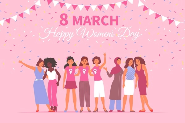 Flat design womens day 8 march card with happy female characters on pink background vector illustration