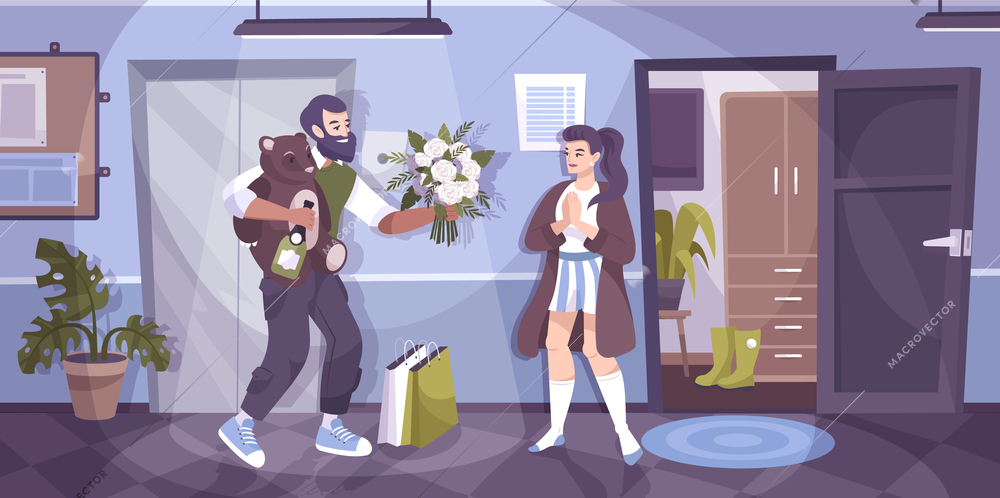 Romantic couple flower flat composition man came to visit his girlfriend and gives a soft toy and a bouquet vector illustration