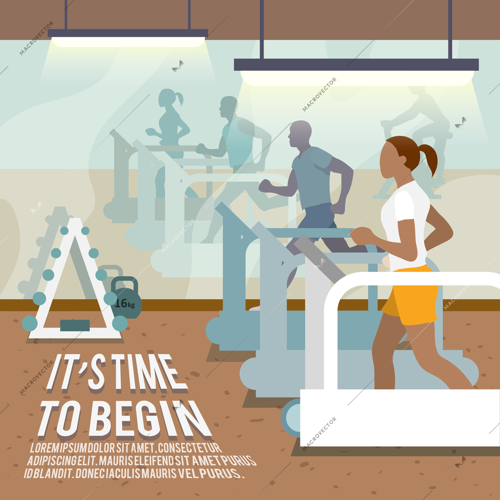 People training on treadmills in gymnasium fitness lifestyle time to begin poster vector illustration