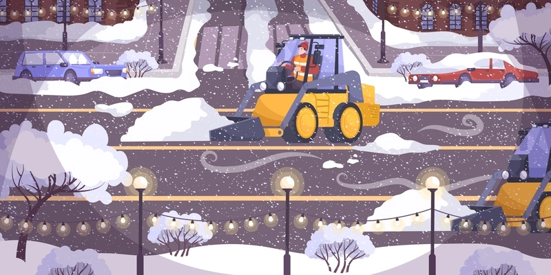 Road cleaning flat composition with yellow tractors are clearing the road of fallen snow vector illustration
