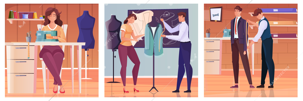 Tailoring illustrations flat set of tailor taking measurements from client masters modeling clothes and seamstress at sewing machine isolated vector illustration