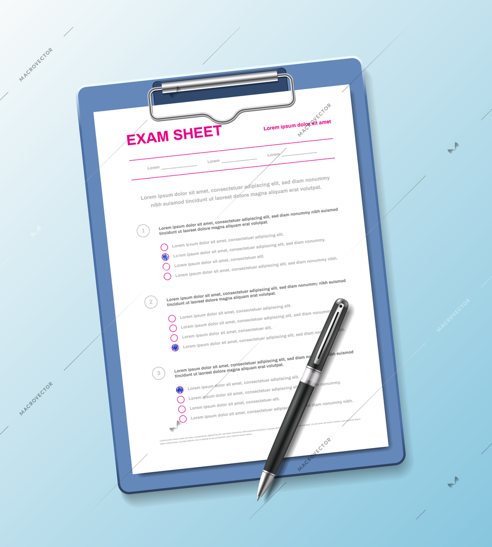 Realistic test paper questionnaire composition with exam sheet on holder pad with pen on gradient background vector illustration