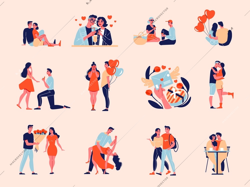 Valentine day love color set with isolated icons human characters of loving couple in different situations vector illustration