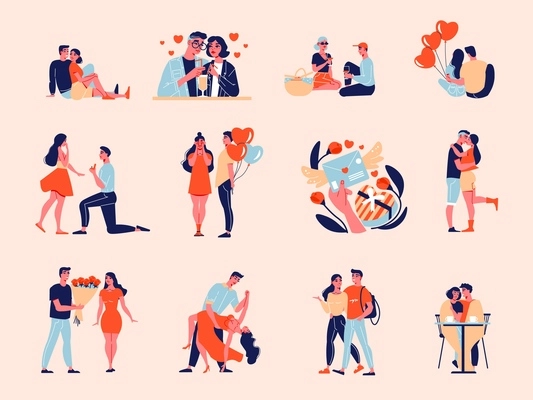 Valentine day love color set with isolated icons human characters of loving couple in different situations vector illustration