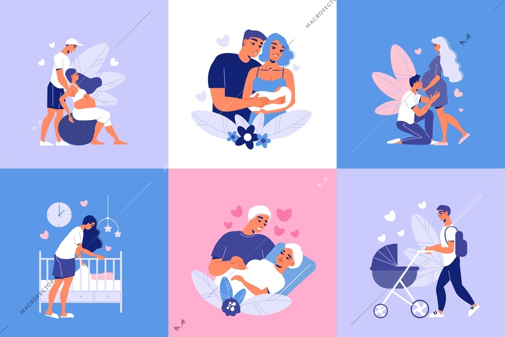 Pregnant motherhood design concept with set of square compositions with characters of loving parents and baby vector illustration