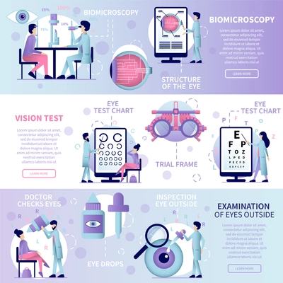 Ophthalmology flat set of horizontal banners with editable text clickable buttons and images of eye therapy vector illustration