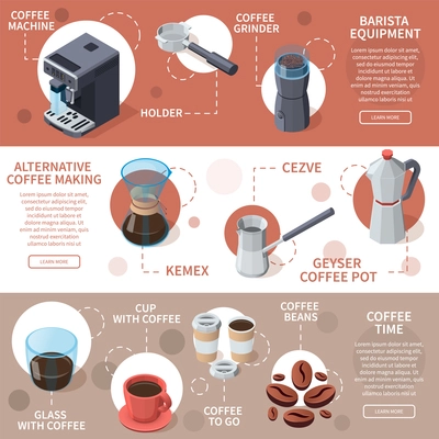 Professional barista coffee equipment isometric banners set with editable text captions and isolated coffee pot images vector illustration
