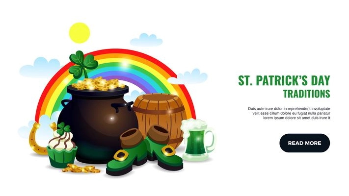 Saint patricks day horizontal banner with read more button text and composition of irish holiday items vector illustration