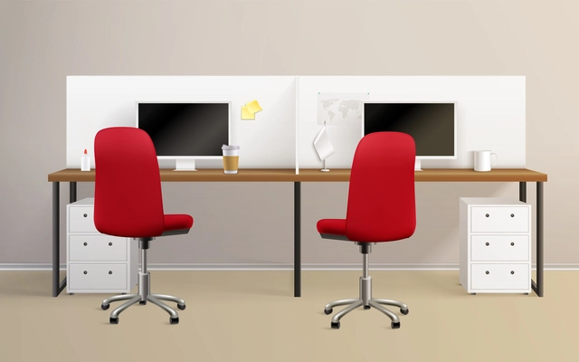 Office interior realistic composition with two standard workplaces with desk pc monitor chair and chest of drawers vector illustration