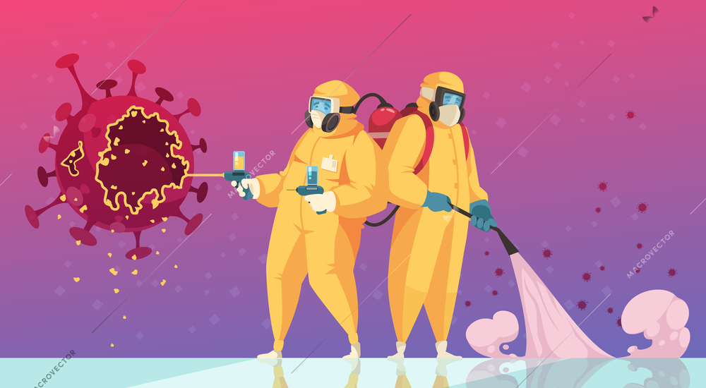 Coronavirus prevent flat colored background with people in protective suits performing disinfection with disinfectant vector illustration