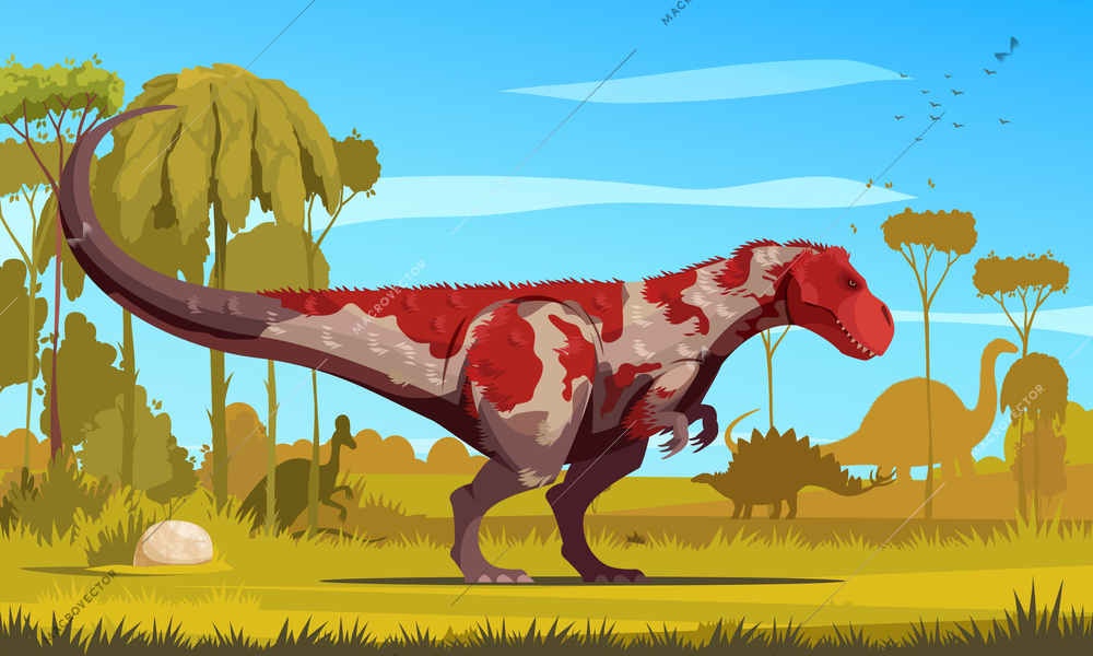 Dinosaurs cartoon colored poster with giant predator tyrannosaurus lived in cretaceous period flat vector illustration