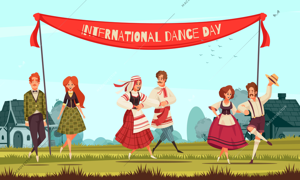 International dance day with group of people in various national costumes dancing outdoors in country style vector illustration