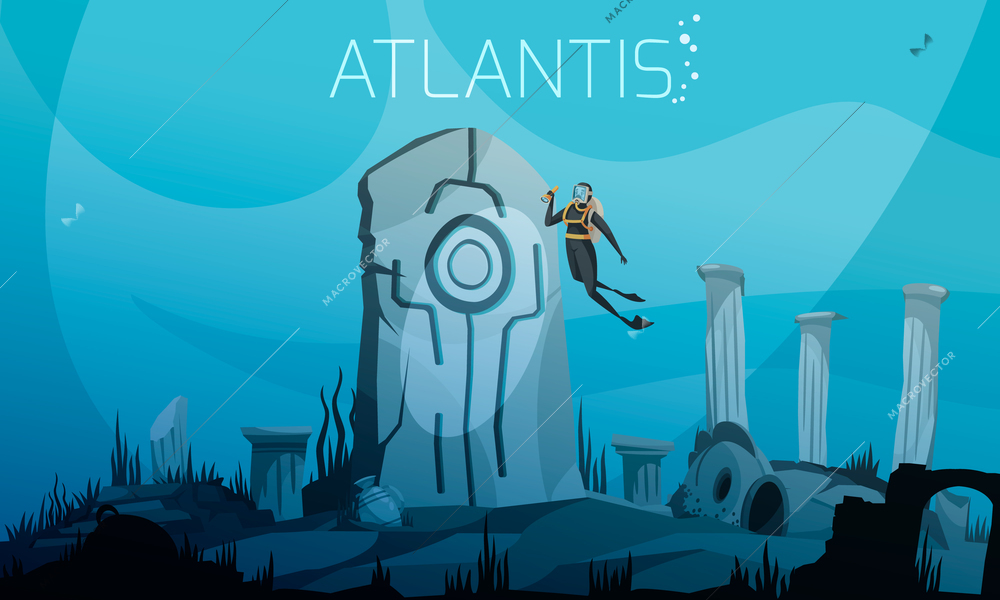 Atlantis on ocean bottom vector illustration with diver in diving suit at ancient ruins background