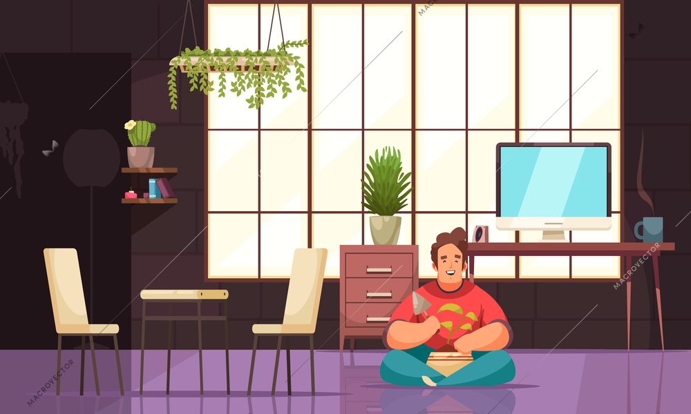 Male character in home interior taking care of houseplant growing in pot flat background vector  illustration