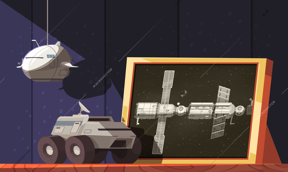 Space exploration design concept with equipment for scientific research including space rover and spaceship cartoon vector illustration