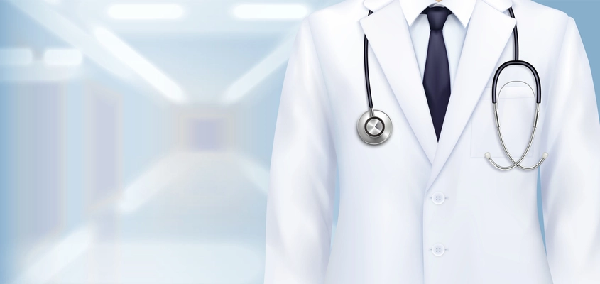 Doctor uniform background composition with realistic closeup view of doctors white gown with stethoscope and tie vector illustration