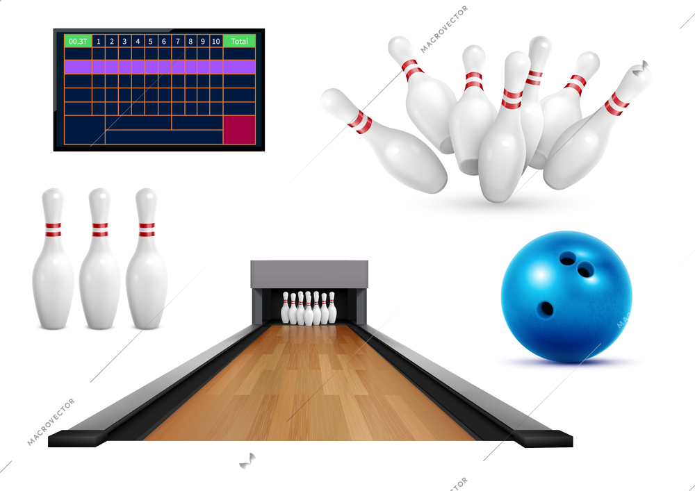 Set of realistic bowling icons with images of pins ball and leaderboard score table with lane vector illustration