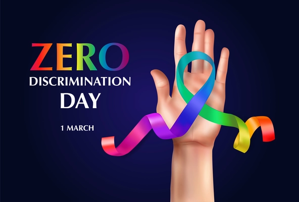 Zero discrimination day horizontal composition with editable text and human hand with curly rainbow colored ribbon vector illustration