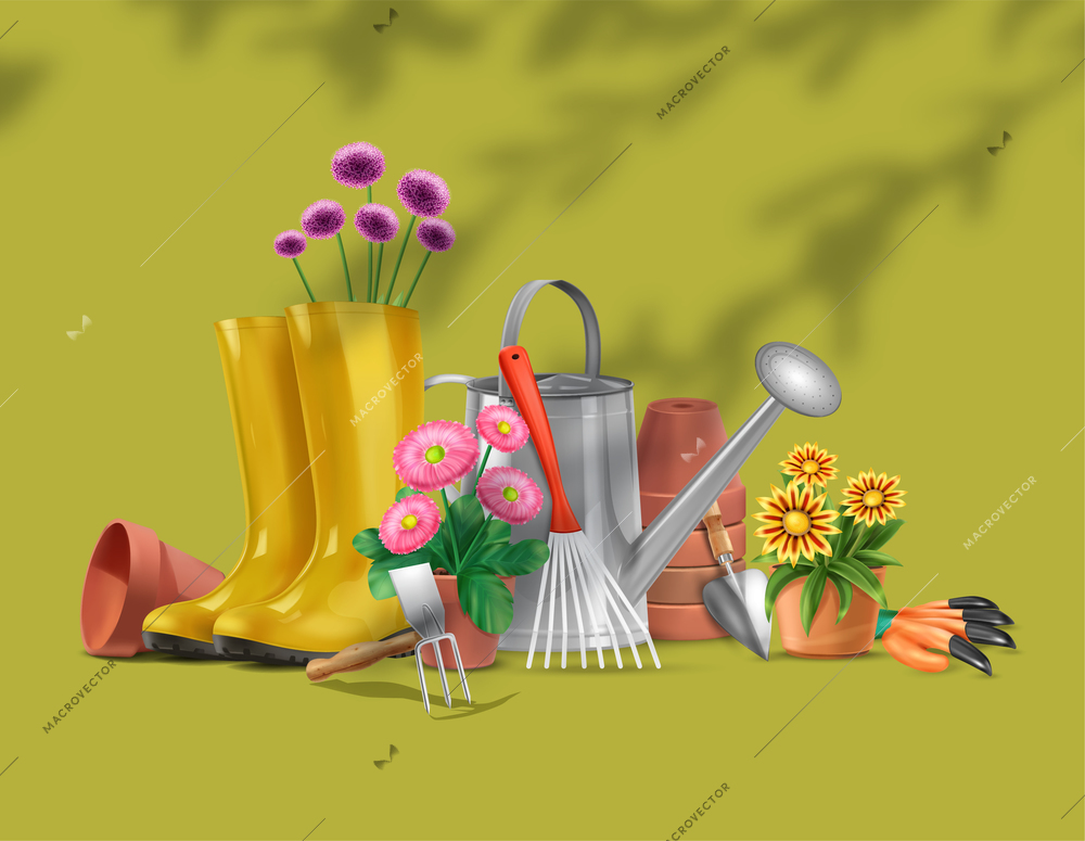 Realistic garden composition with silhouettes of tree branches and images of gardening equipment boots and flowers vector illustration