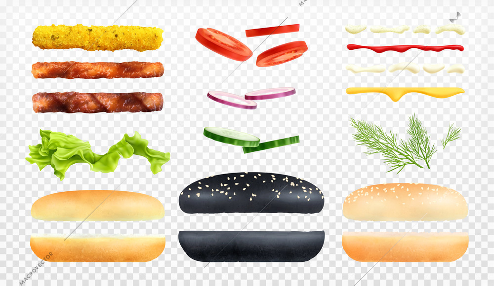 Burger constructor set of isolated icons and realistic images of cheeseburger hamburger ingredients on transparent background vector illustration