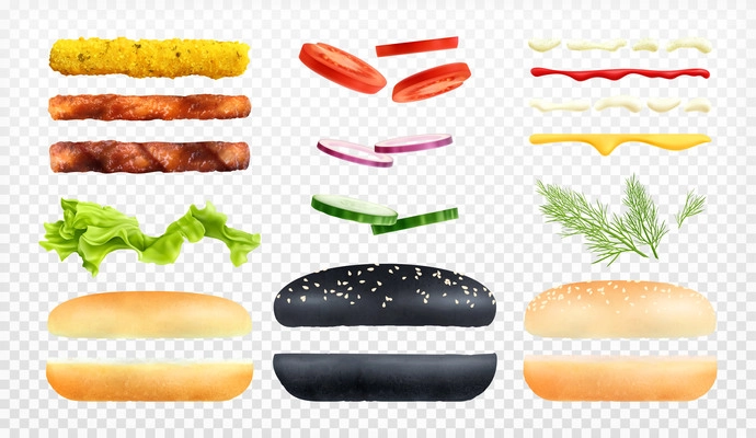 Burger constructor set of isolated icons and realistic images of cheeseburger hamburger ingredients on transparent background vector illustration