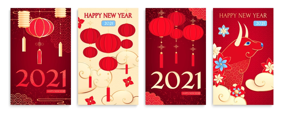 Chinese new year set of four vertical compositions with ornate text 2021 red lanterns and bulls vector illustration