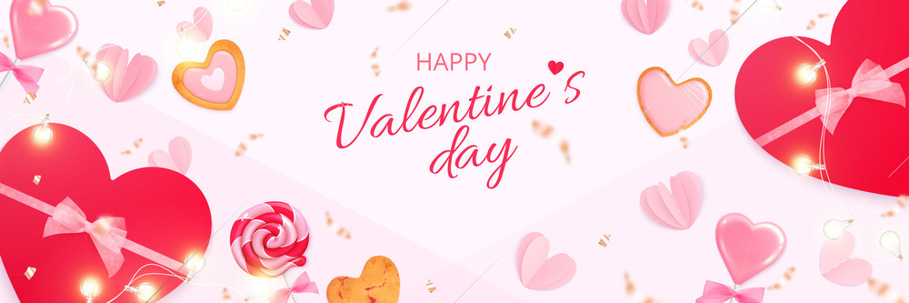 Valentines day hearts realistic composition with editable ornate text and flying sweets hearts and gift boxes vector illustration