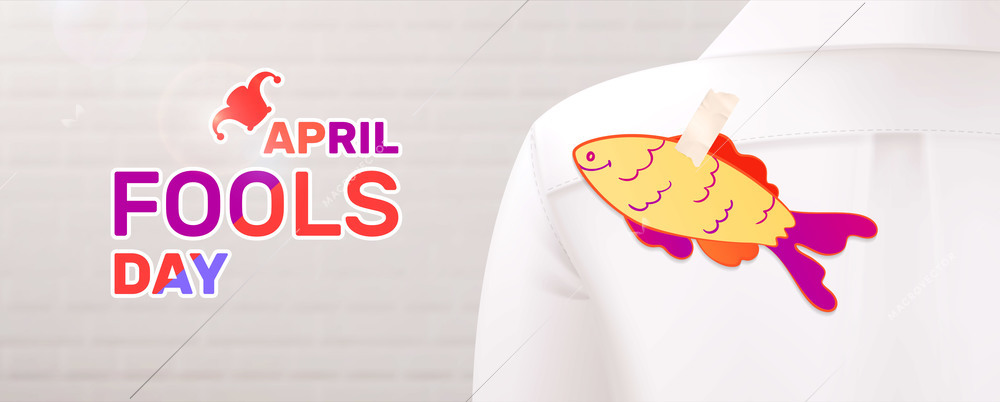 Fools day 1 april horizontal composition with realistic image of paper fish glued to strangers shirt vector illustration