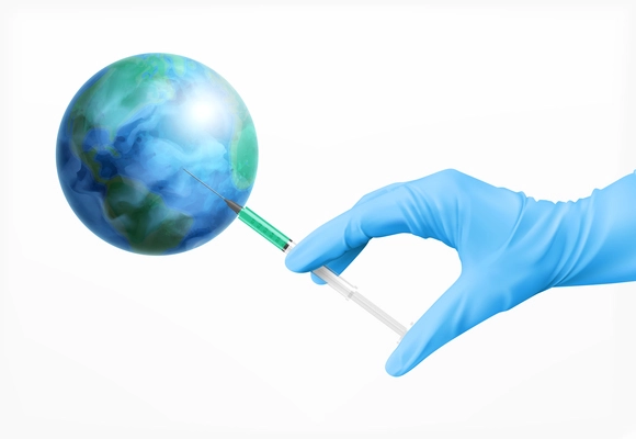 Coronavirus vaccine vaccination realistic concept composition with medical hand in gloves with syringe and earth globe vector illustration