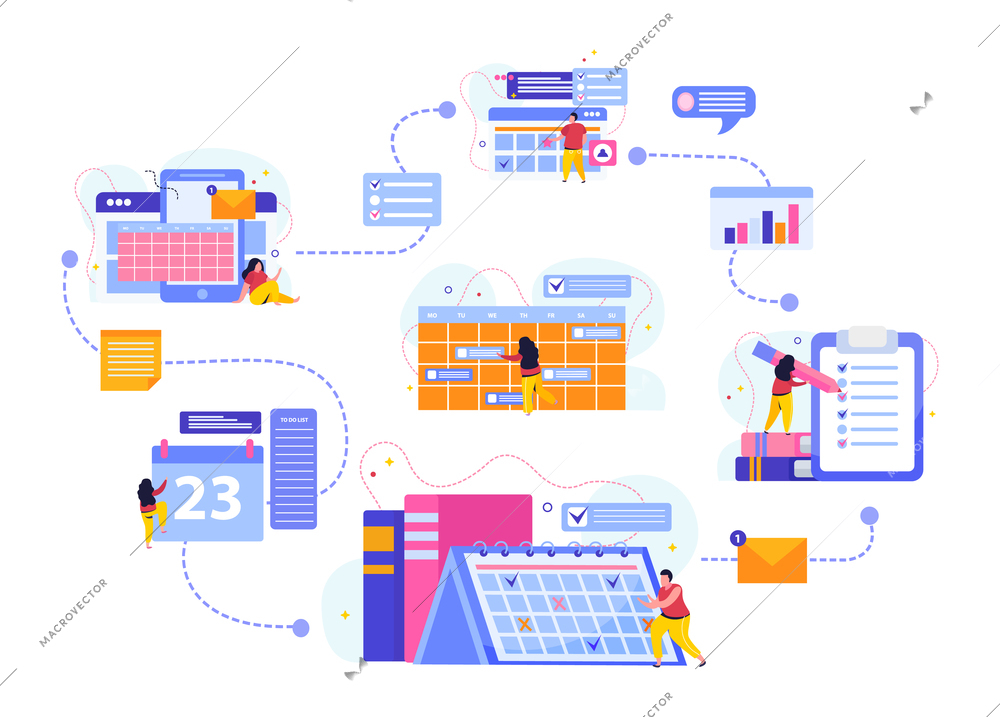 Planning and scheduling flat composition with flowchart of to do list icons calendars and human characters vector illustration