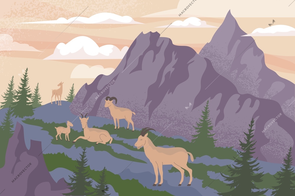 Wildlife mountain flat composition with outdoor highland scenery and group of goats in front of cliffs vector illustration