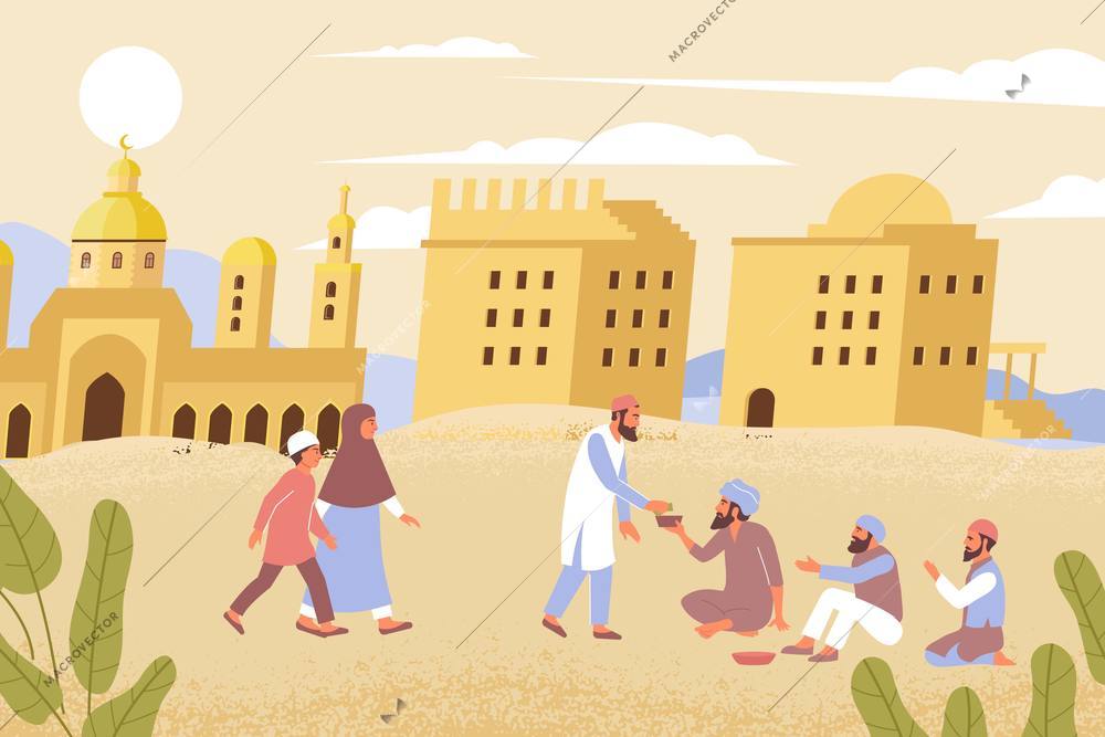 Ramadan charity flat composition with outdoor desert scenery and muslim people giving alms to the afflicted vector illustration