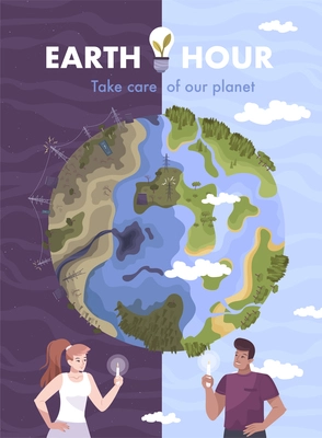 Earth hour day flat card with earth hour take care of our planet headline vector illustration