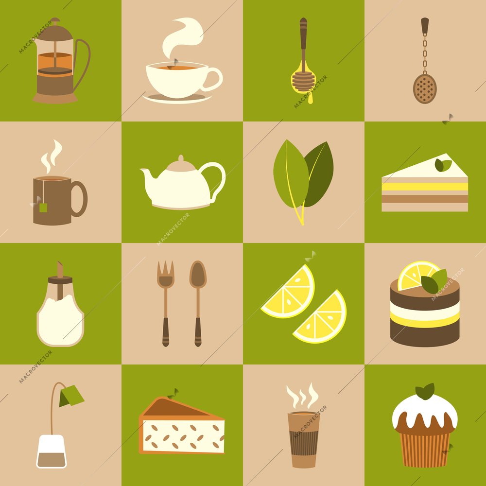 Tea icons set with cup sugar cake isolated vector illustration