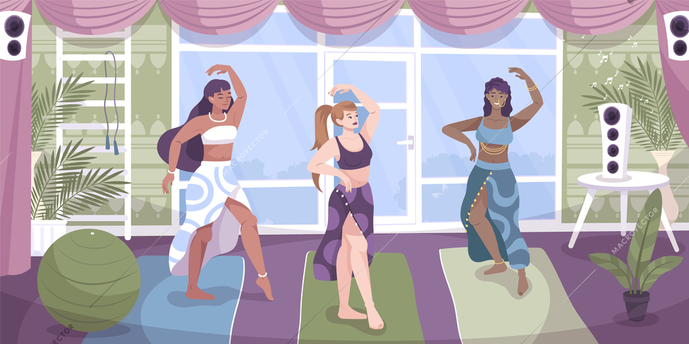 Dancer oriental flat composition with indoor scenery dance studio interior and three women dancing on mats vector illustration