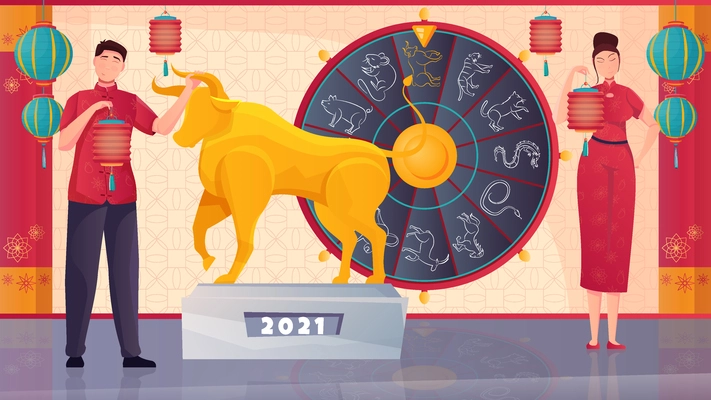 Chinese people horoscope and golden bull symbol of new year 2021 flat vector illustration