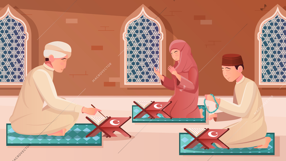Human characters learning koran on their knees flat vector illustration