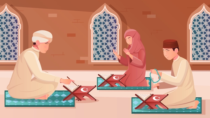 Human characters learning koran on their knees flat vector illustration