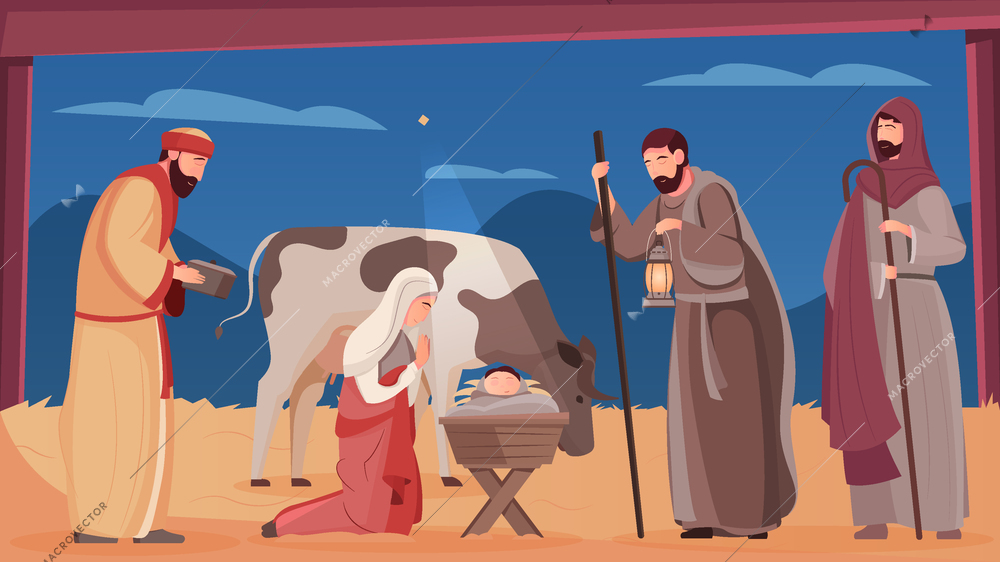 Scene of jesus christ birth in wooden manger flat vector illustration