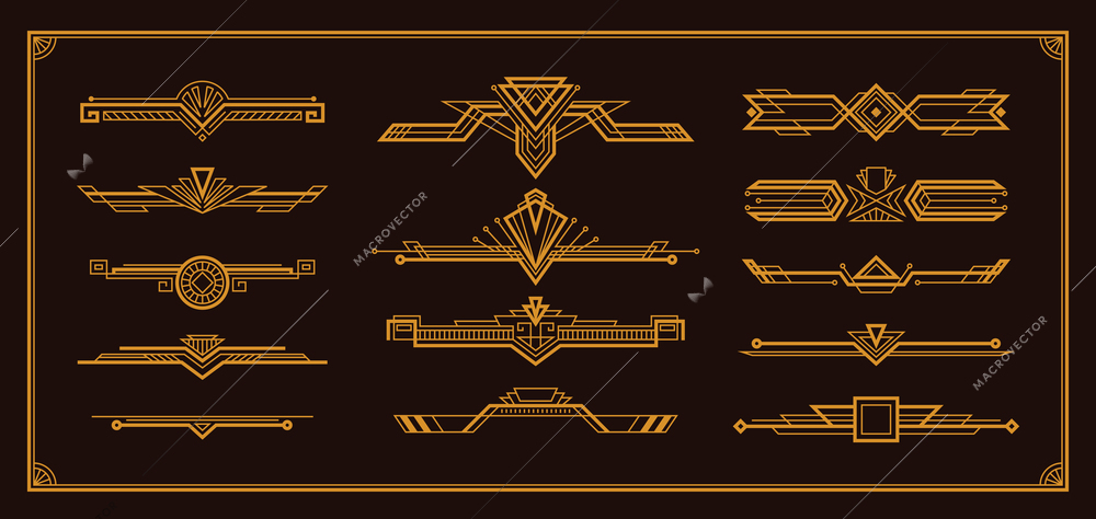 Art deco golden elegant vintage style decorative elements border design templates set black background isolated vector illustration