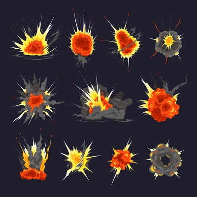 Spectacular atomic nuclear bomb explosions debris fire bang clouds shapes colorful set against black background vector illustration