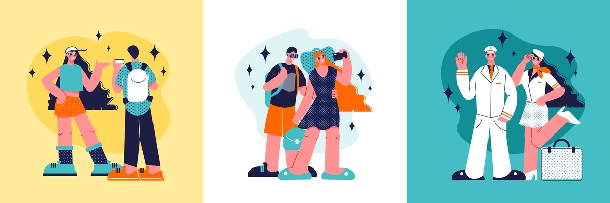 Travel design concept with three square compositions of doodle style human characters passengers and crew members vector illustration