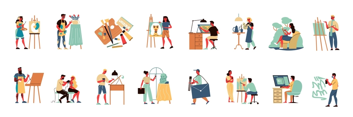 Artist set of isolated icons with human characters of creative workers with painters sculptors and designers vector illustration