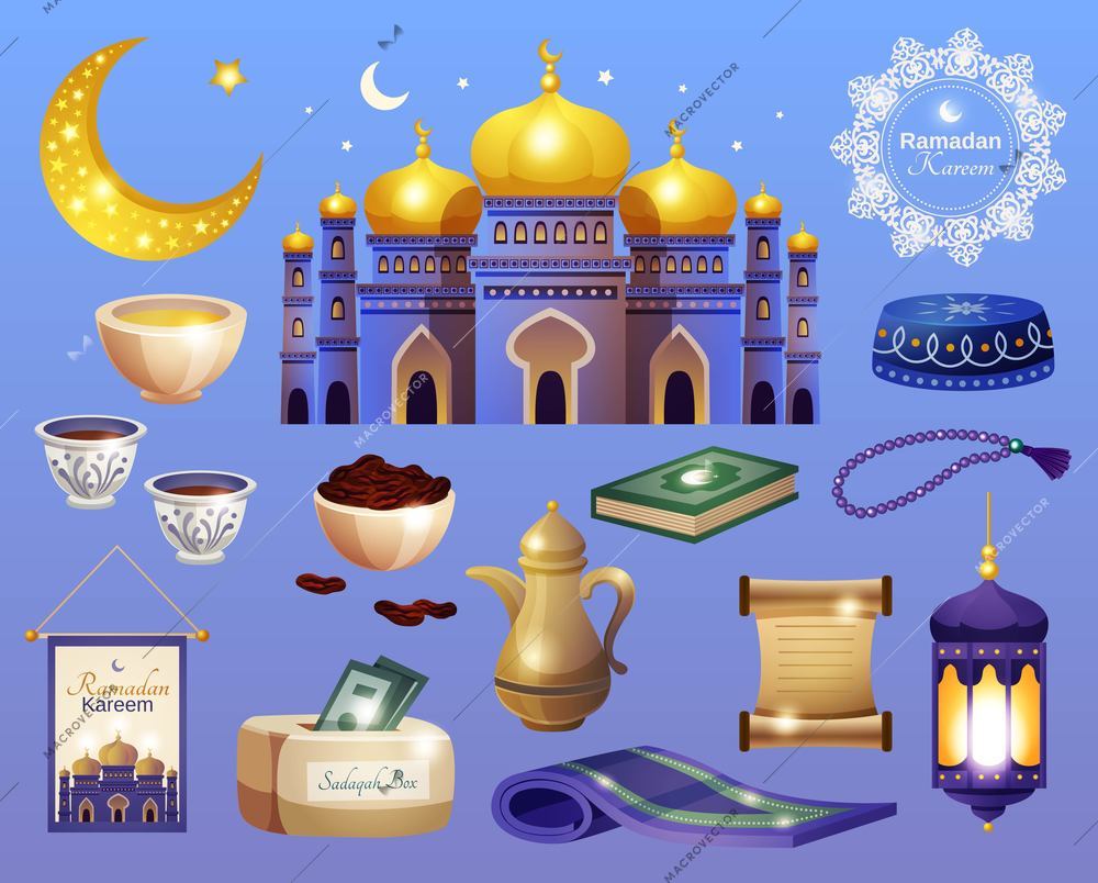 Ramadan set with isolated icons of prayers rug and beads koran book with tea and mosque vector illustration