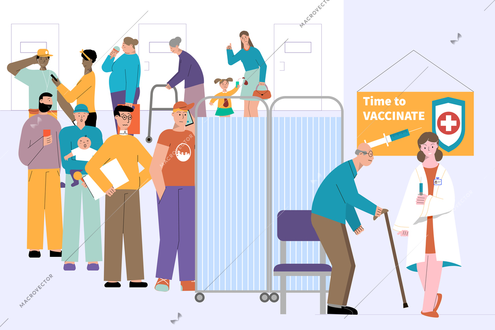 Turn people vaccine flat composition with clinic visitor characters giving way to senior man in queue vector illustration