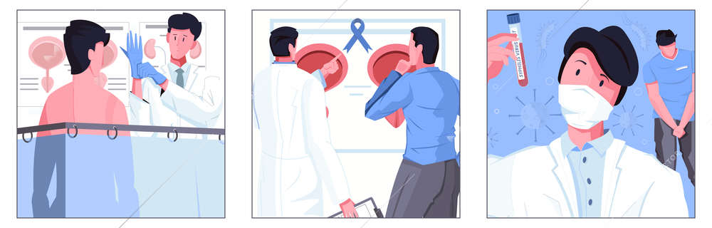 Man sexual health square illustrations with doctor and patient characters in clinic interior flat vector illustration