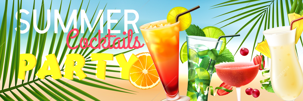 Realistic summer party horizontal poster with fresh cocktails on beach vector illustration